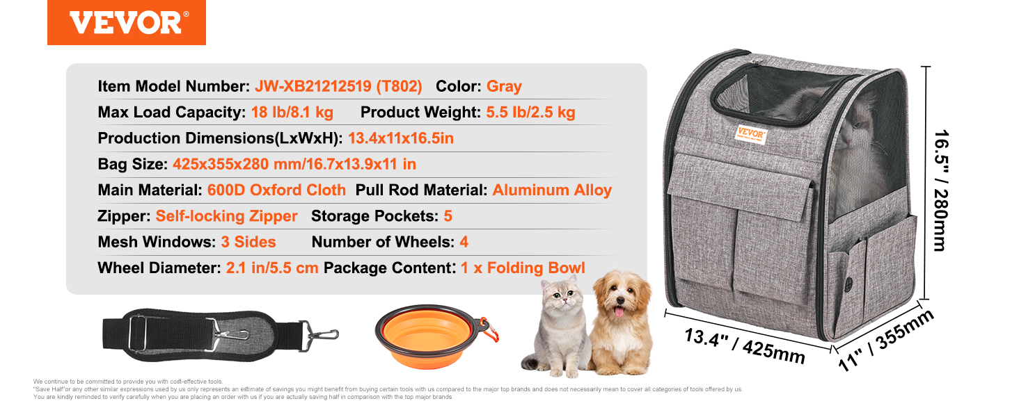 VEVOR rolling pet carrier backpack, gray with 5 storage pockets, mesh windows, and folding bowl.