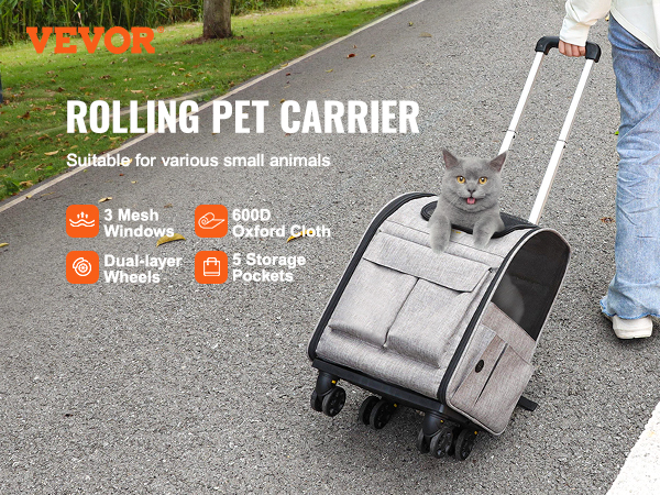 VEVOR rolling pet carrier backpack with cat, featuring mesh windows, storage pockets, dual-layer wheels.