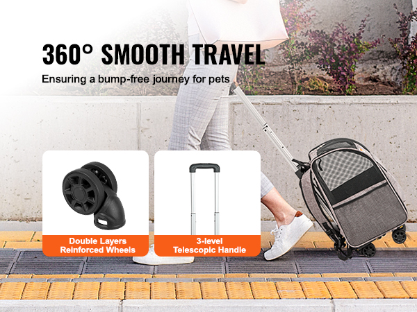 woman walking with VEVOR rolling pet carrier backpack, featuring double layers reinforced wheels and a 3-level telescopic handle.