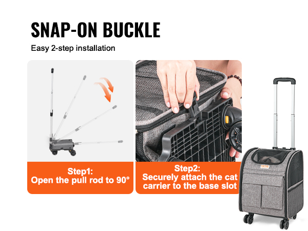 VEVOR rolling pet carrier backpack with easy snap-on buckle installation and detailed 2-step guide.