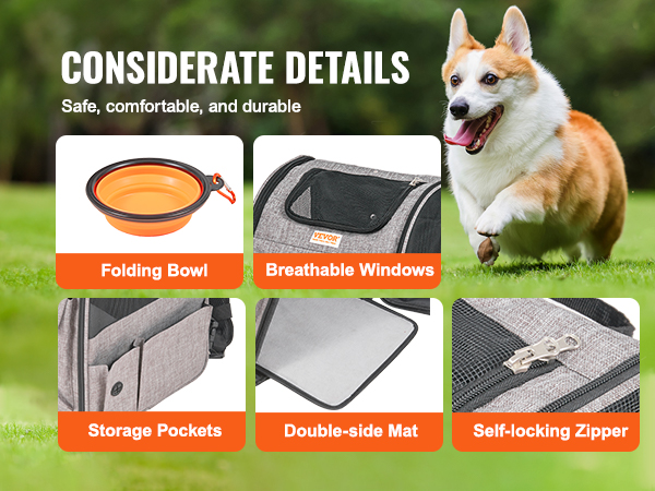 VEVOR rolling pet carrier backpack with folding bowl, breathable windows, storage pockets, and self-locking zipper.