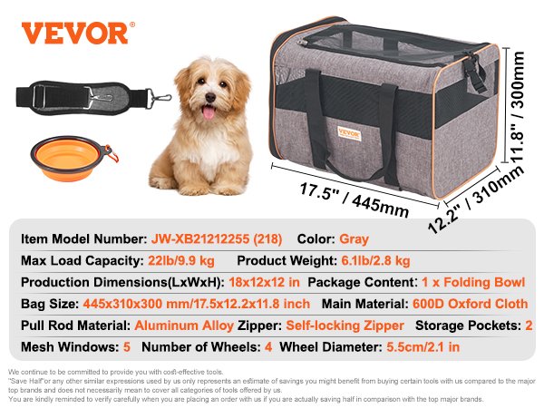 VEVOR cat carrier with wheels, gray, 600d oxford cloth, self-locking zipper, foldable bowl, mesh windows.