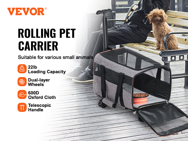 VEVOR cat carrier with wheels is ideal for small animals, featuring 22lb capacity and 600d oxford cloth.