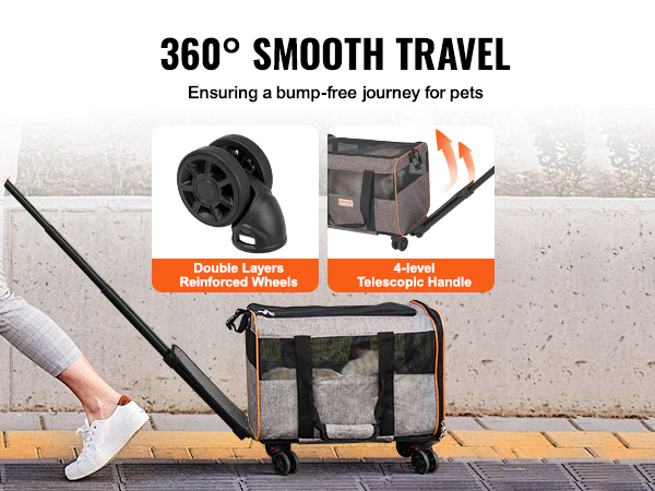 woman pulling VEVOR cat carrier with wheels; double layers reinforced wheels, 4-level telescopic handle.