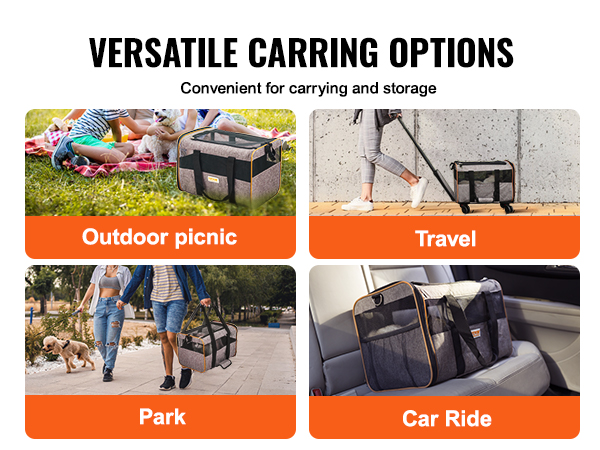 VEVOR cat carrier with wheels: versatile for outdoor picnics, travel, park visits, and car rides.