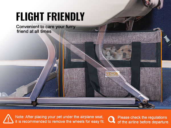 VEVOR cat carrier with wheels under airplane seat, suitable for flight travel with pets.