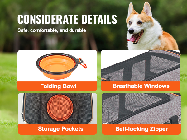 VEVOR cat carrier with wheels showcasing folding bowl, breathable windows, storage pockets, and self-locking zipper.