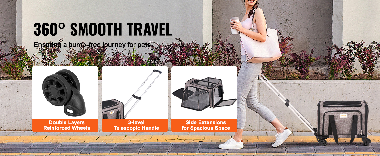 VEVOR cat carrier with wheels, featuring double-layer reinforced wheels, telescopic handle, and side extensions.