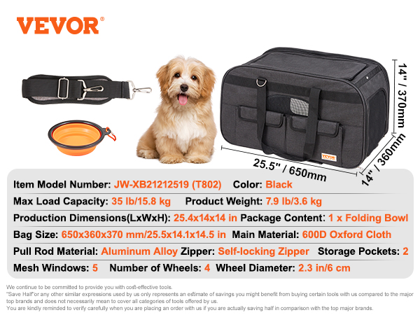 VEVOR cat carrier with wheels, black, 35 lb capacity, 650x360x370 mm, aluminum alloy pull rod, 5 mesh windows.