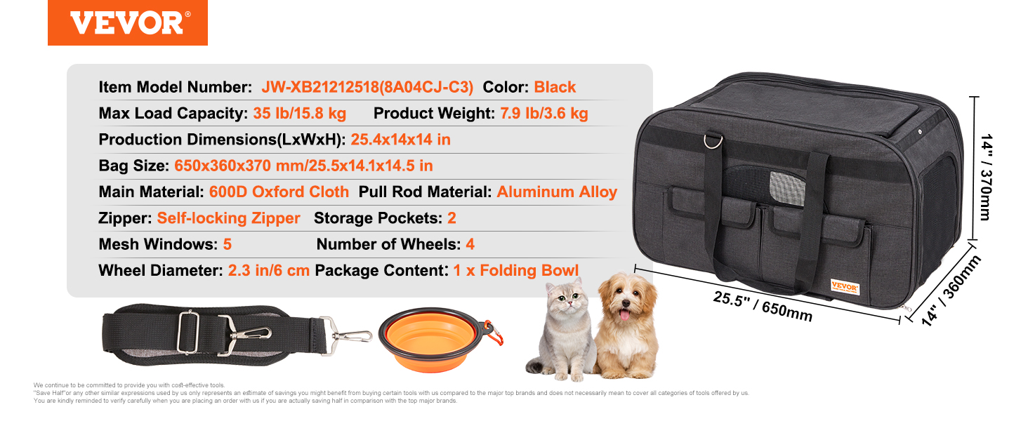 VEVOR cat carrier with wheels, black, 35 lb capacity, 650x360x370 mm, aluminum alloy pull rod, 5 mesh windows.