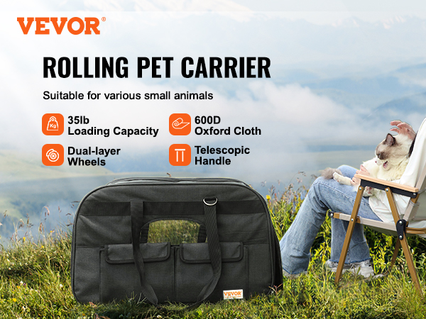 VEVOR cat carrier with wheels, dual-layer wheels, telescopic handle, suitable for small animals.