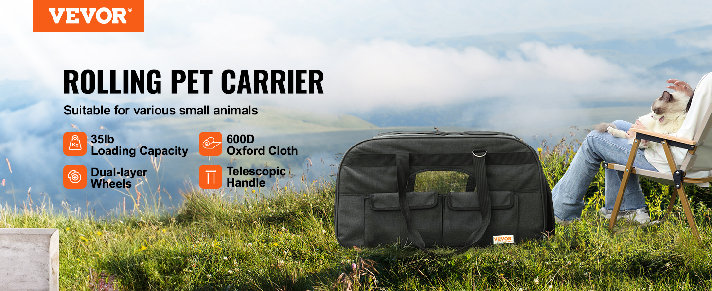 VEVOR cat carrier with wheels, dual-layer wheels, telescopic handle, suitable for small animals.