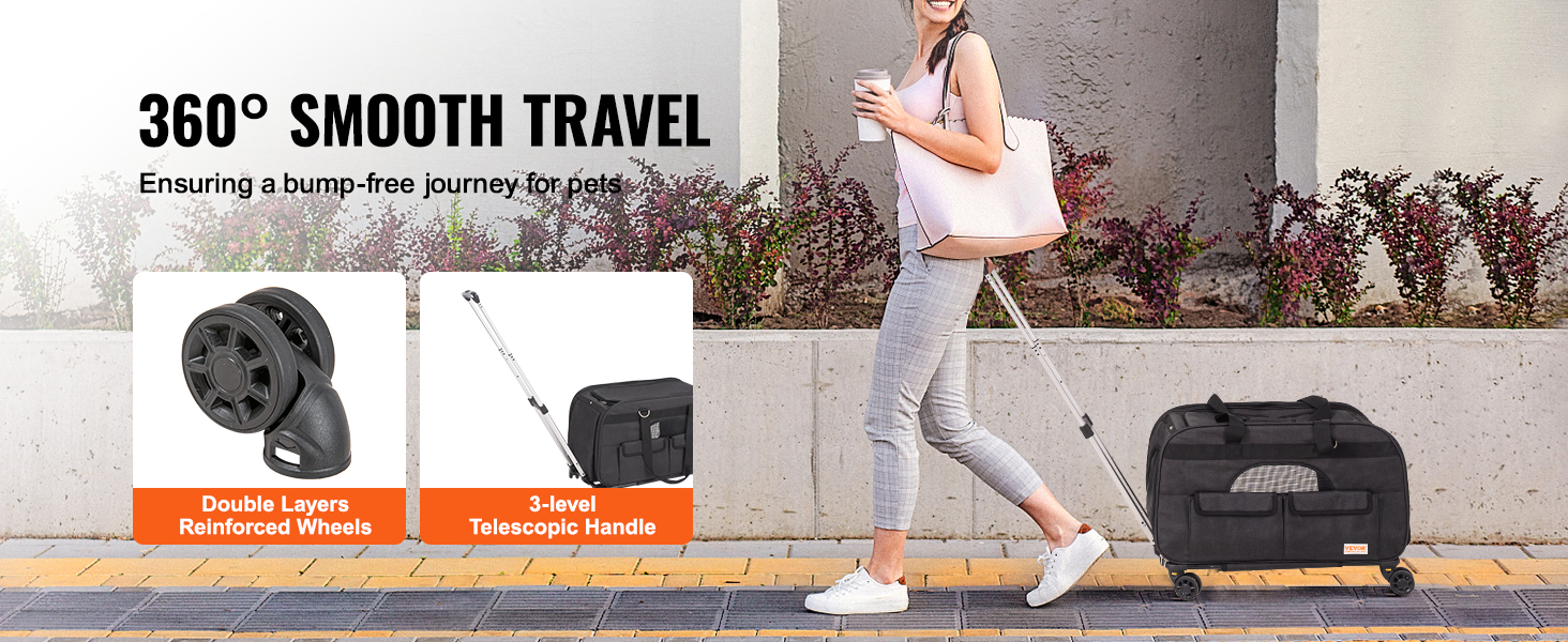 woman strolling with VEVOR cat carrier with wheels, reinforced wheels, and telescopic handle.