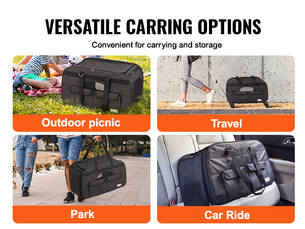 versatile carrying options for the VEVOR cat carrier with wheels: outdoor picnic, travel, park, car ride.