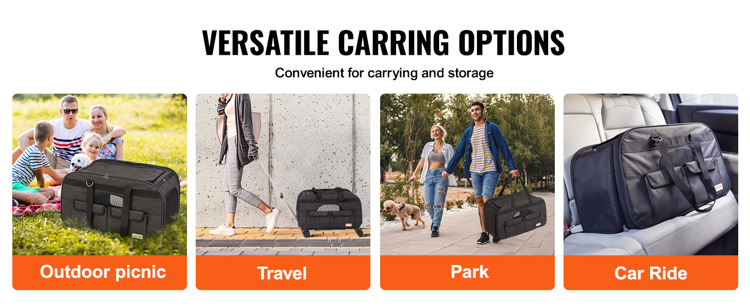 versatile carrying options for the VEVOR cat carrier with wheels: outdoor picnic, travel, park, car ride.