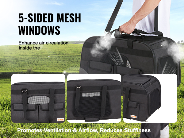VEVOR cat carrier with wheels featuring 5-sided mesh windows for enhanced ventilation and airflow.