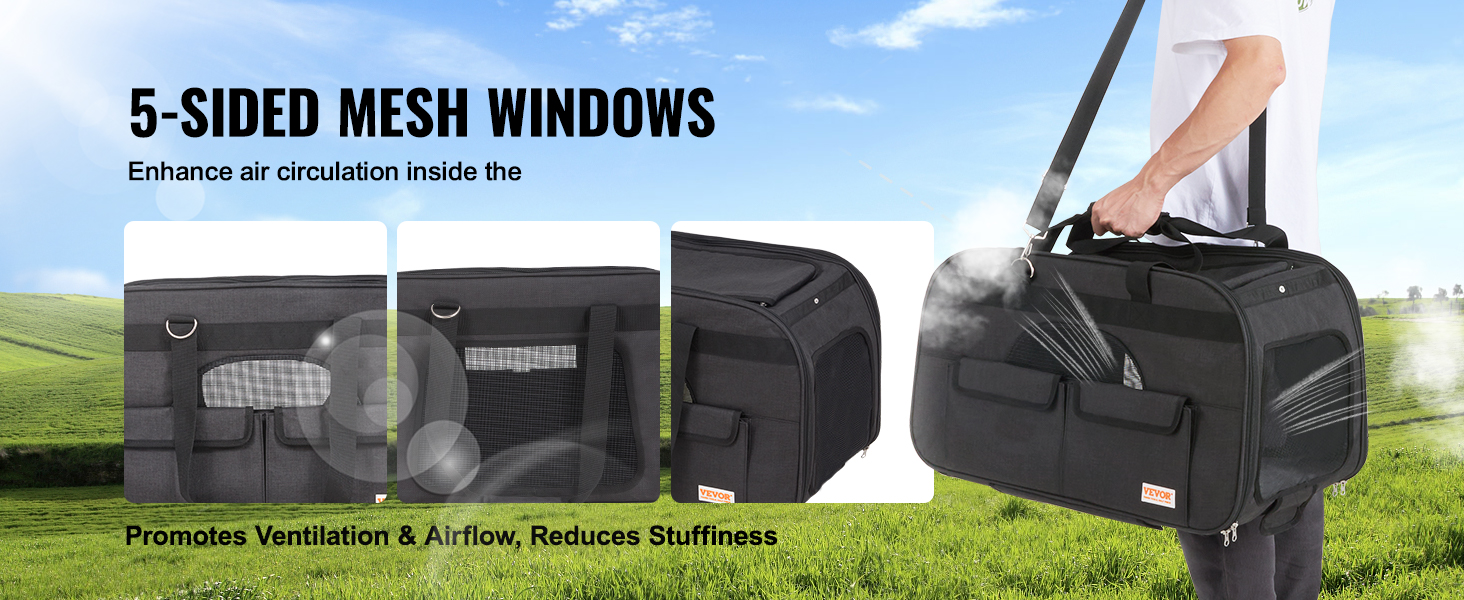 VEVOR cat carrier with wheels featuring 5-sided mesh windows for enhanced ventilation and airflow.