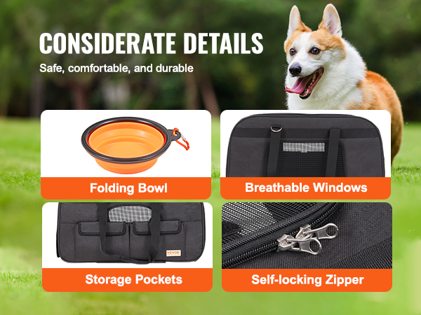 VEVOR cat carrier with wheels features folding bowl, breathable windows, storage pockets, self-locking zipper.