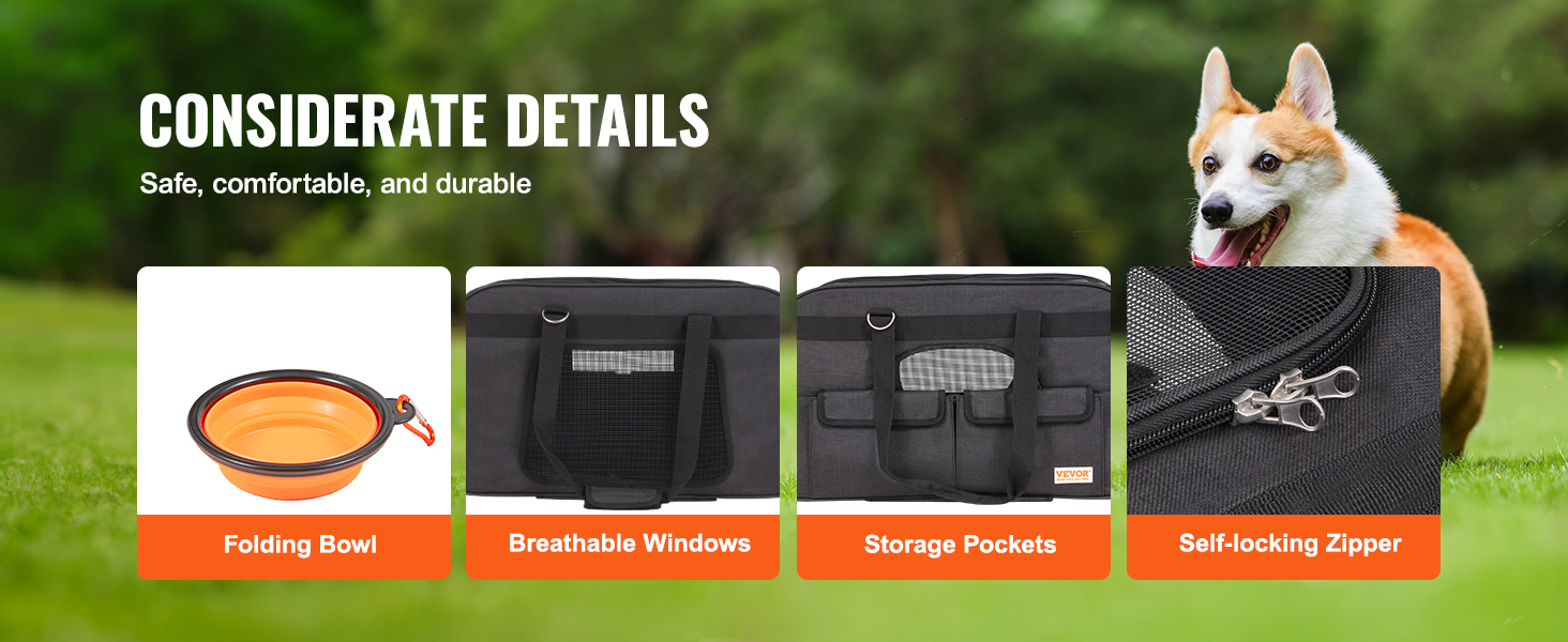 VEVOR cat carrier with wheels features folding bowl, breathable windows, storage pockets, self-locking zipper.