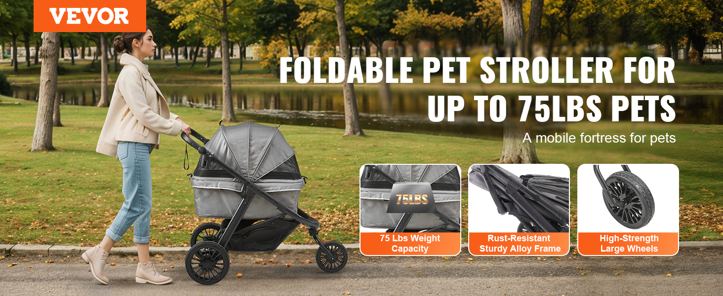 VEVOR pet stroller being pushed along a park path. rust-resistant frame, high-strength wheels, 75 lbs capacity.