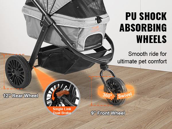 VEVOR pet stroller featuring pu shock-absorbing wheels, large storage basket, and single link dual brake.
