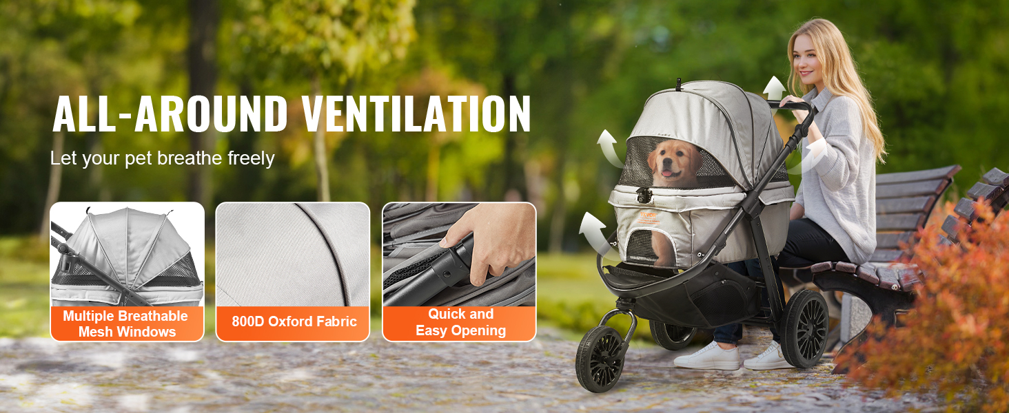 VEVOR pet stroller features breathable mesh windows, 800d oxford fabric, and quick opening in a scenic park.