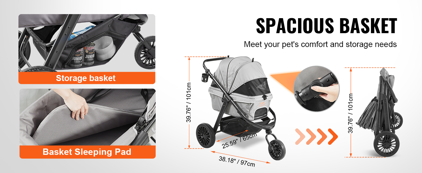 VEVOR pet stroller with spacious storage basket, sleeping pad, and foldable design for easy transport.