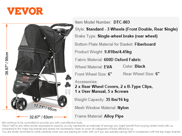 VEVOR pet stroller, black, 3-wheel design, 38.97"x32.67"x17.71", 600d oxford fabric, 35lbs capacity.