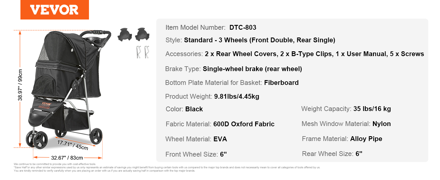 VEVOR pet stroller, black, 3-wheel design, 38.97"x32.67"x17.71", 600d oxford fabric, 35lbs capacity.