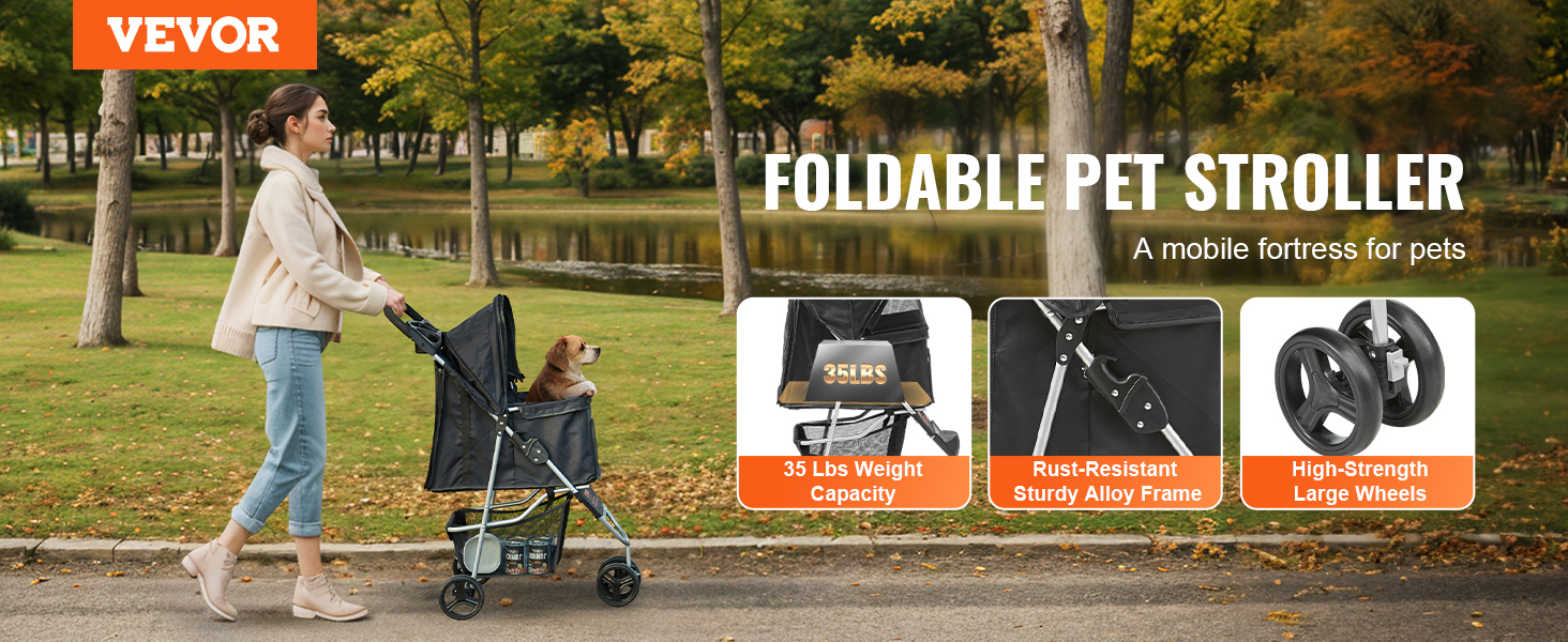 VEVOR pet stroller in a park, showcasing 35 lbs weight capacity, alloy frame, and high-strength wheels.