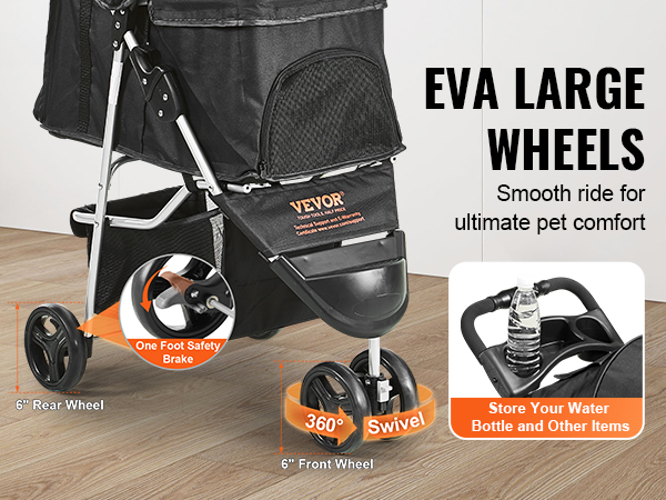 VEVOR pet stroller featuring eva large wheels, one foot safety brake, 360° swivel, and storage areas.