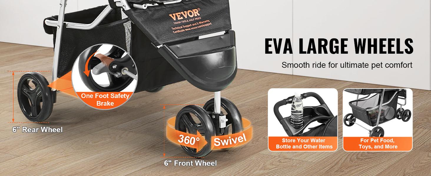 VEVOR pet stroller featuring eva large wheels, one foot safety brake, 360° swivel, and storage areas.