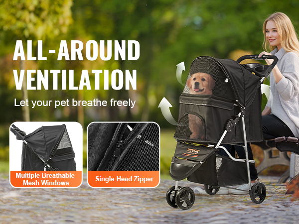 VEVOR pet stroller with mesh windows, 600d oxford fabric, and single-head zipper, all-around ventilation.