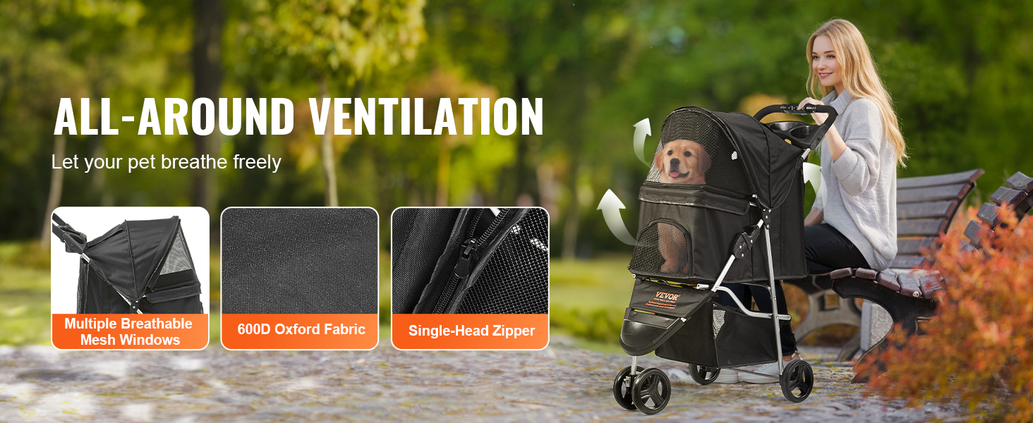 VEVOR pet stroller with mesh windows, 600d oxford fabric, and single-head zipper, all-around ventilation.