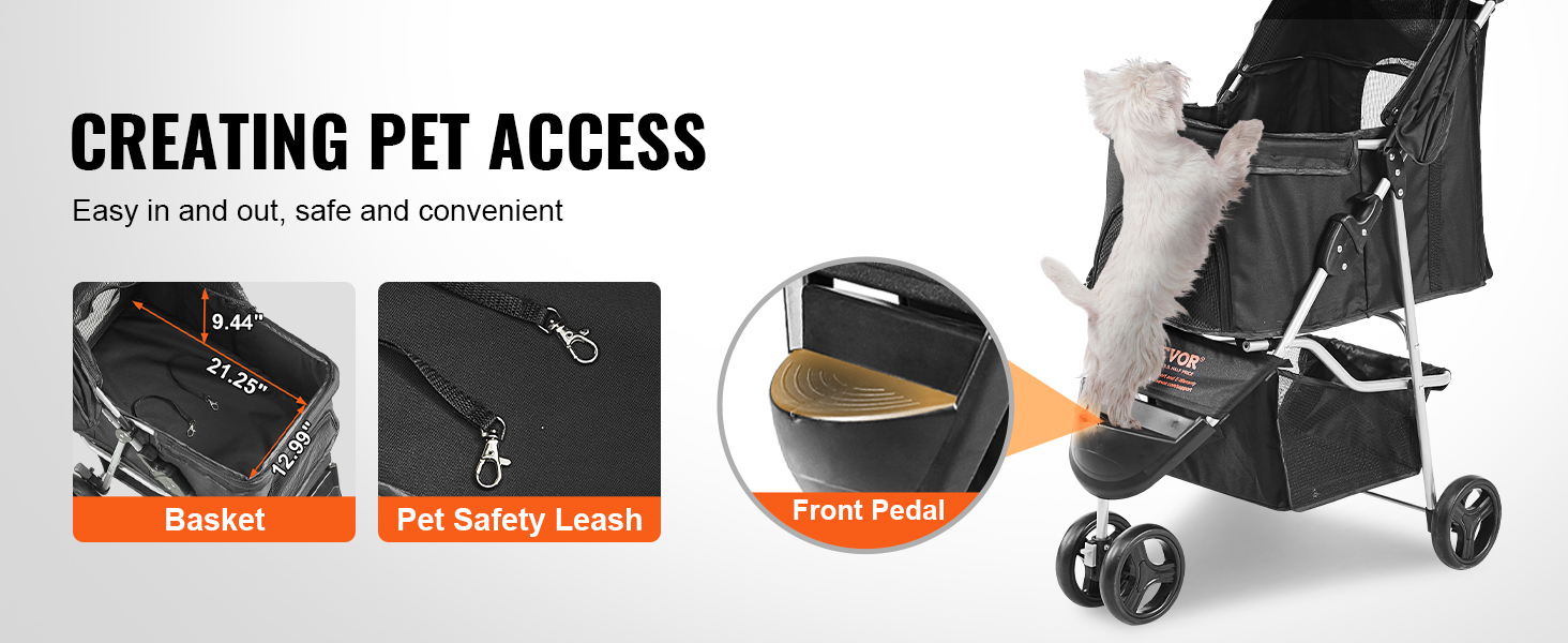 VEVOR pet stroller with front pedal, pet safety leash, and spacious basket for easy pet access.