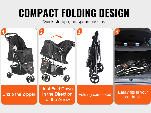 VEVOR pet stroller showing a compact folding design for easy storage in car trunks.