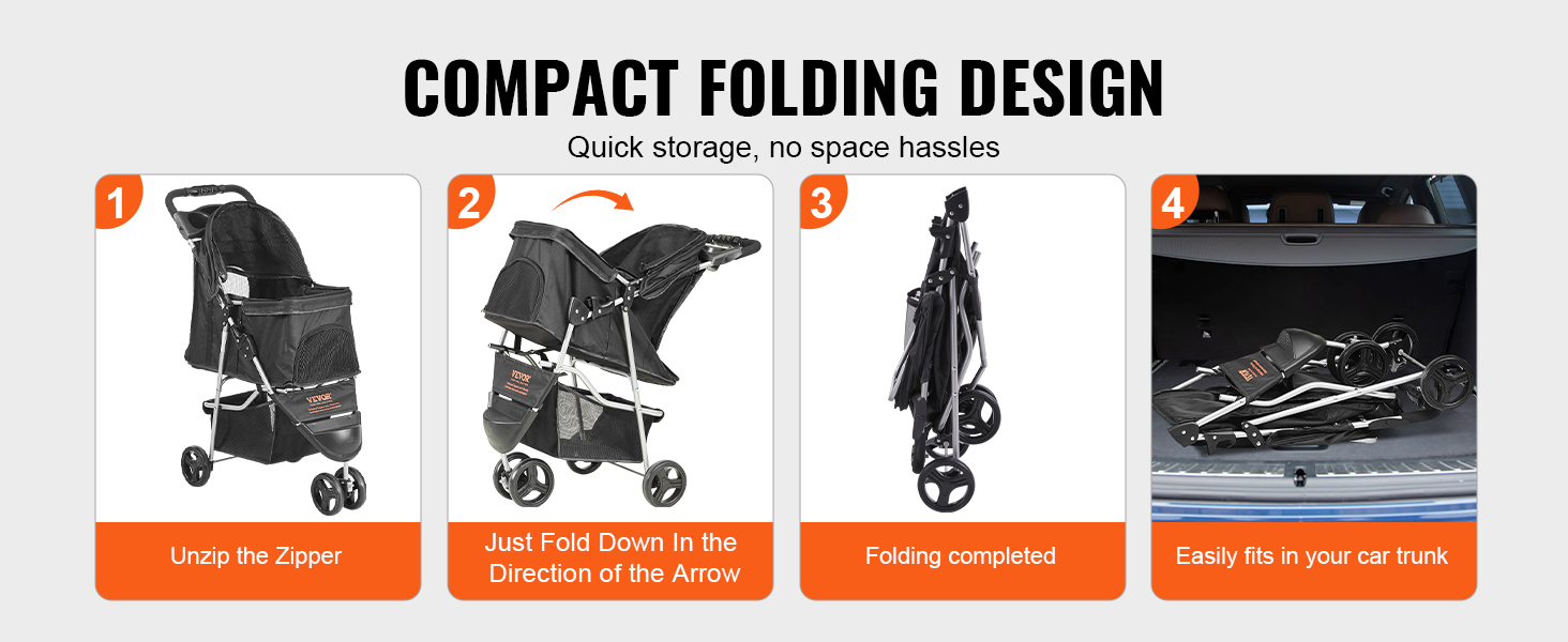 VEVOR pet stroller showing a compact folding design for easy storage in car trunks.