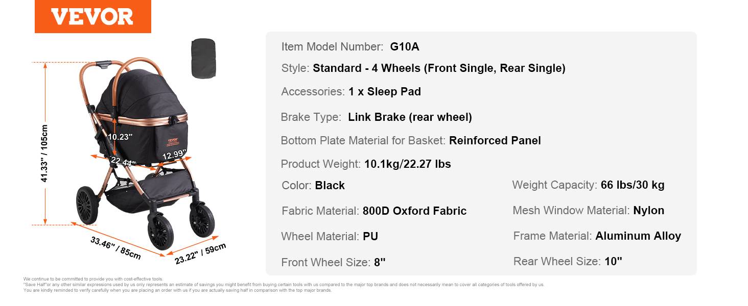 VEVOR pet stroller g10a, black, aluminum alloy frame, 4 wheels, with sleep pad, 22.27 lbs weight.