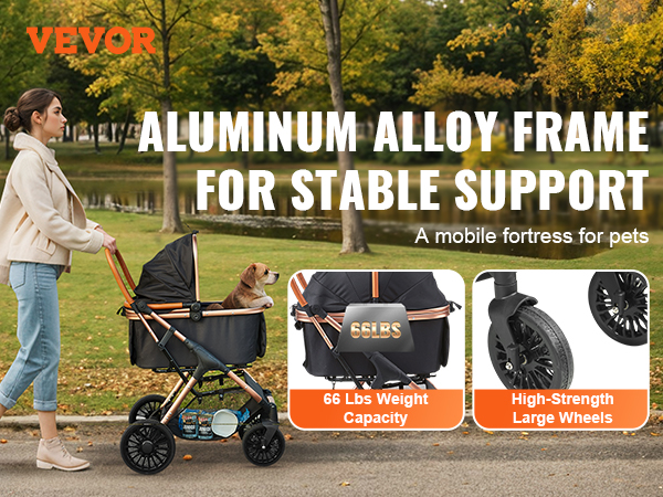 VEVOR pet stroller with aluminum alloy frame, 66 lbs weight capacity, and high-strength large wheels.