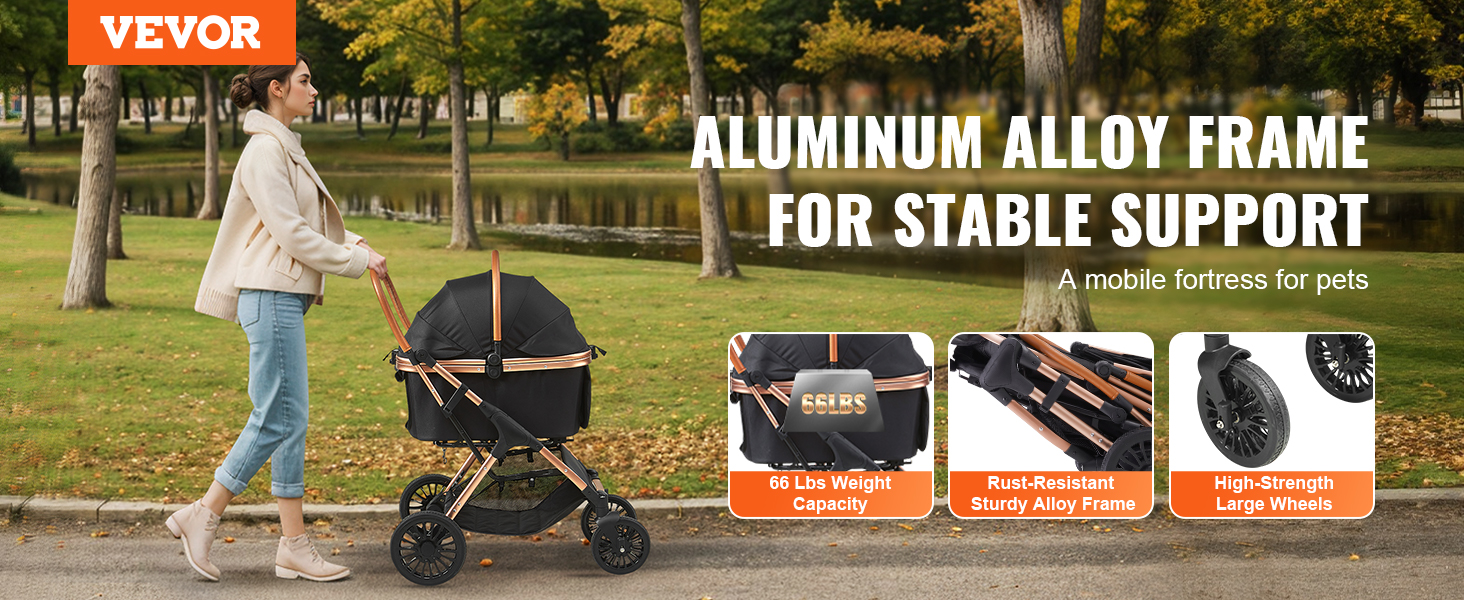 VEVOR pet stroller with aluminum alloy frame, 66 lbs weight capacity, and high-strength large wheels.