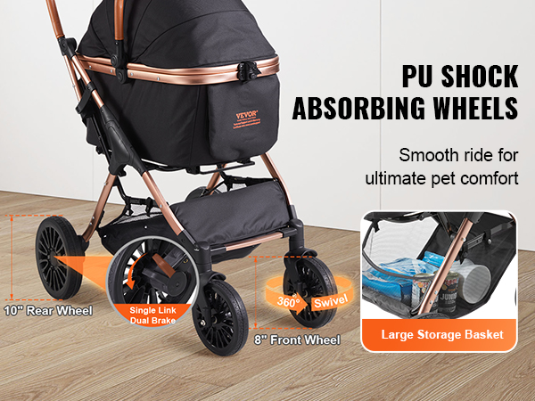 VEVOR pet stroller with pu shock absorbing wheels, large storage basket, safety belt, and leather handle.