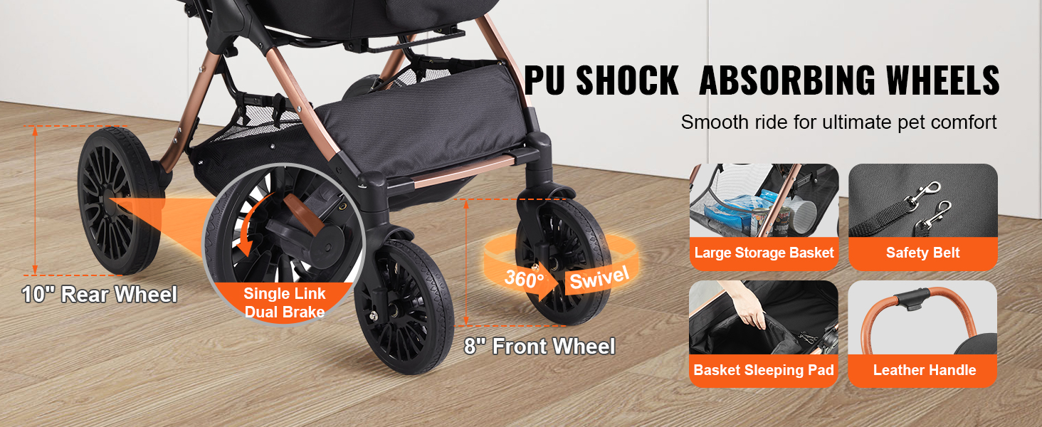 VEVOR pet stroller with pu shock absorbing wheels, large storage basket, safety belt, and leather handle.