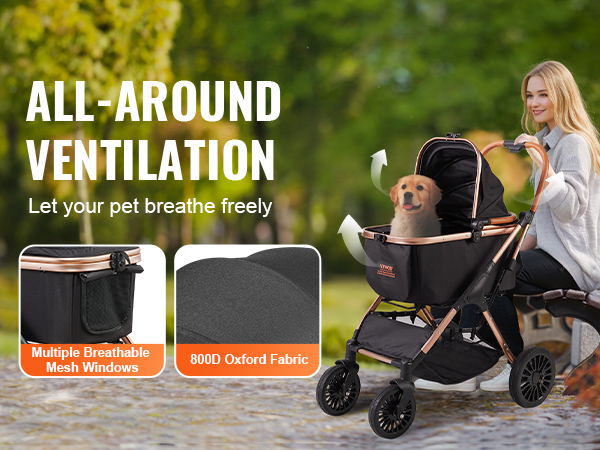 VEVOR pet stroller with breathable mesh windows and 800d oxford fabric for comfort and easy use.