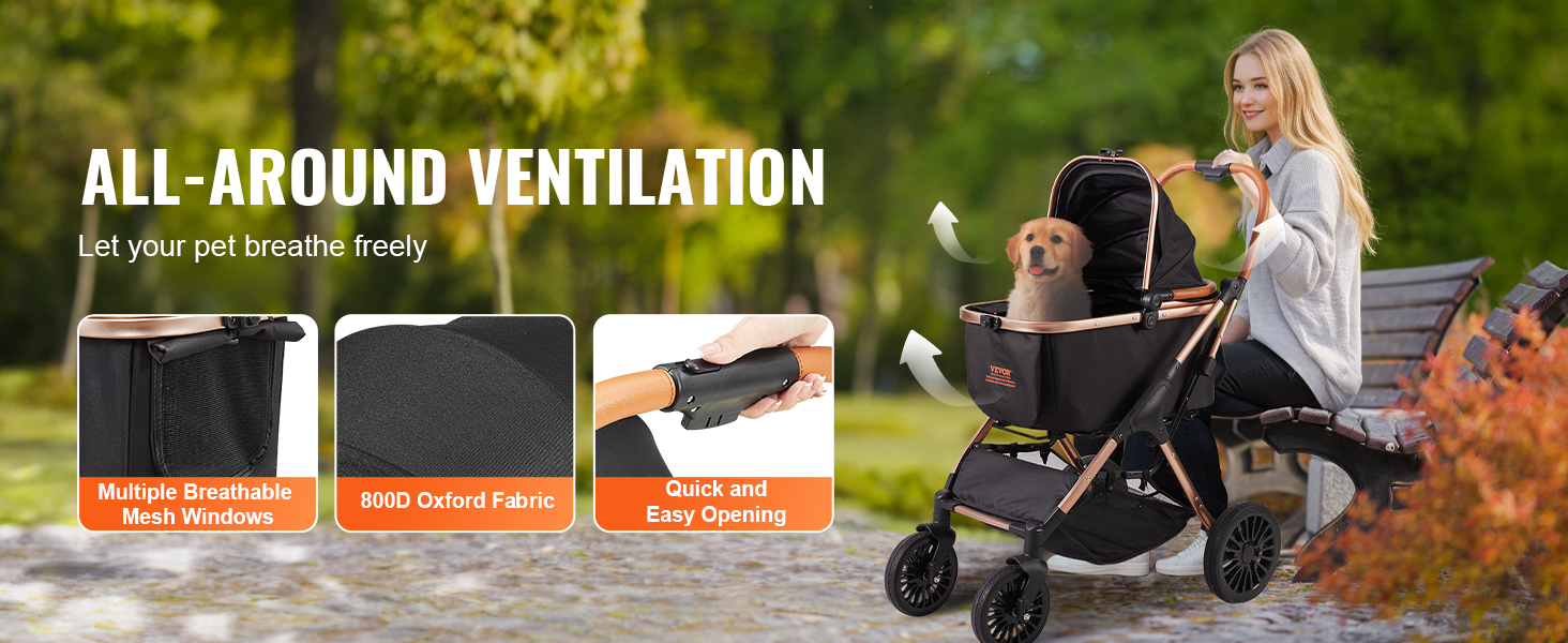 VEVOR pet stroller with breathable mesh windows and 800d oxford fabric for comfort and easy use.