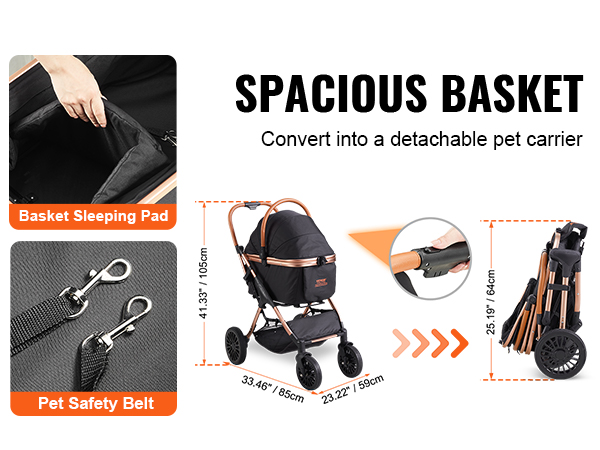 VEVOR pet stroller with spacious basket, sleeping pad, safety belt, and foldable design for convenience.