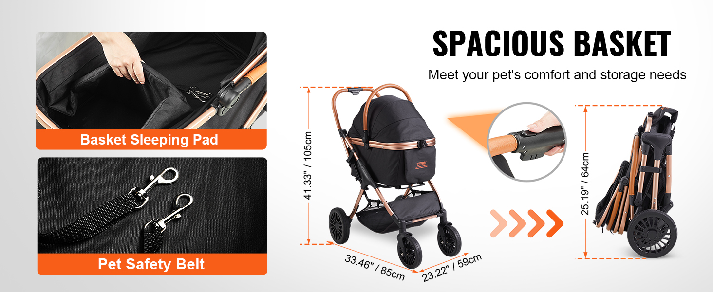 VEVOR pet stroller with spacious basket, sleeping pad, safety belt, and foldable design for convenience.