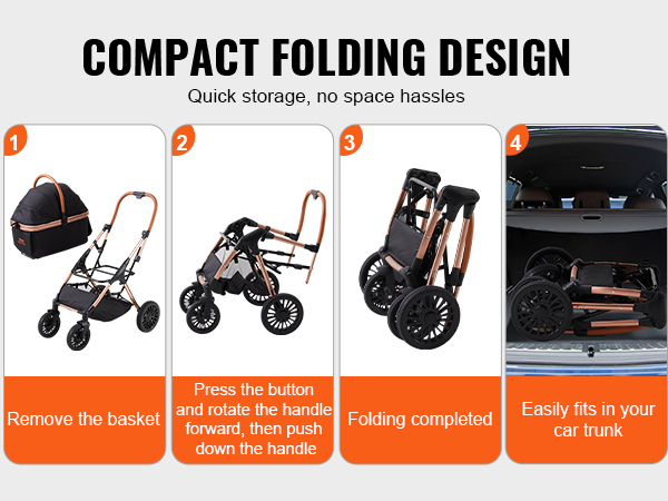 VEVOR pet stroller folding instructions: remove basket, fold frame, fit in car trunk. compact design.
