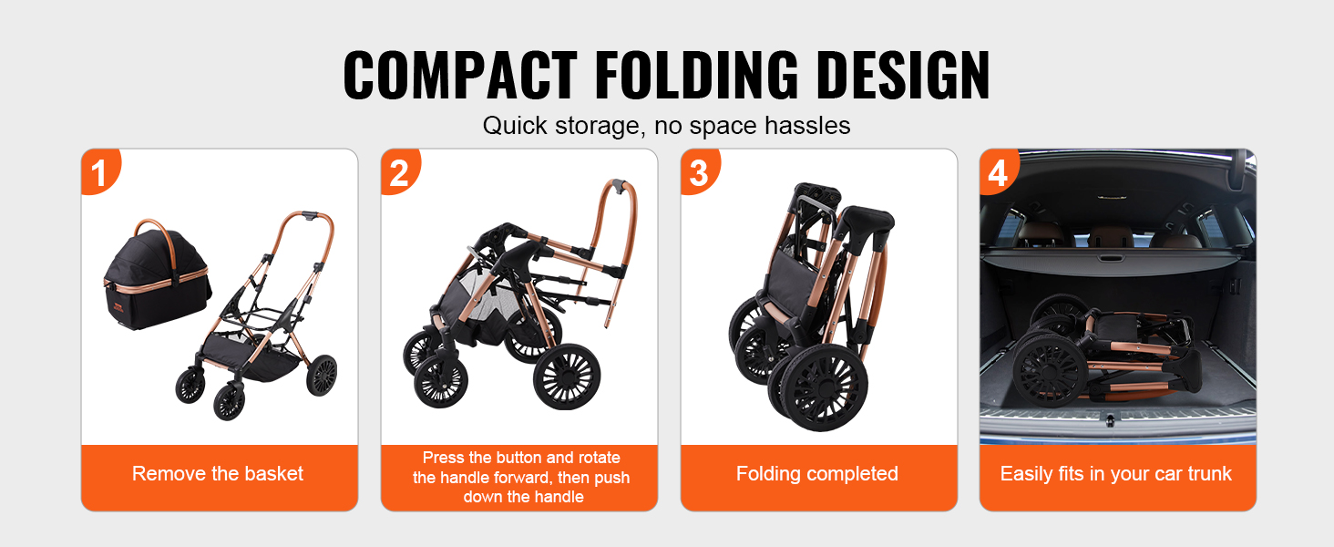 VEVOR pet stroller folding instructions: remove basket, fold frame, fit in car trunk. compact design.