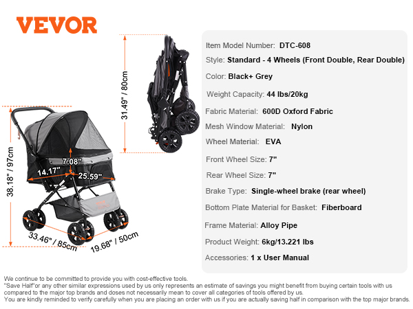 VEVOR pet stroller, black and grey, 4 wheels, foldable design, dimensions, weight capacity 44 lbs.
