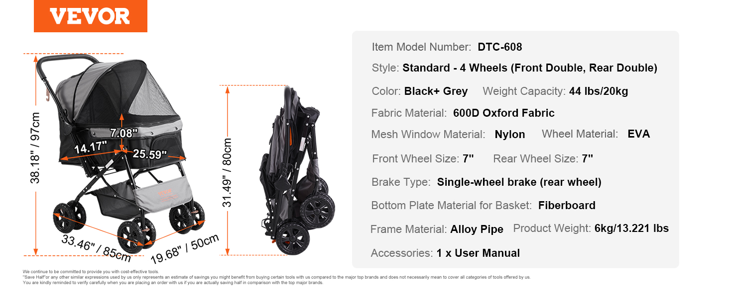 VEVOR pet stroller, black and grey, 4 wheels, foldable design, dimensions, weight capacity 44 lbs.